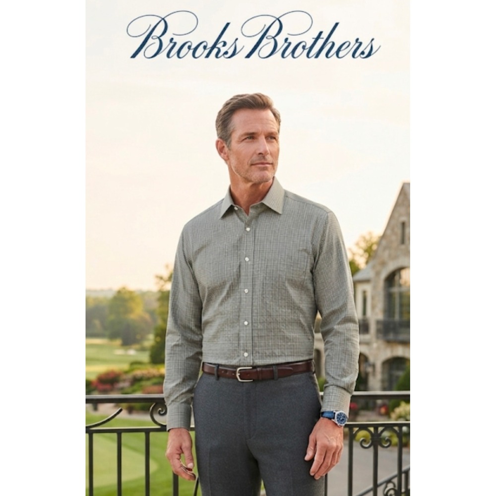 Brooks Brothers Classic Fit Non-Iron Shirt 15.5 33 Green Blue Windowpane Check